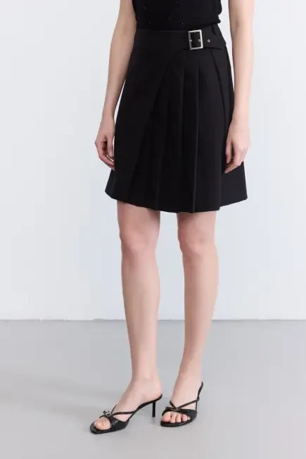 Pleated Side-Buckled Mini Skirt - Black Black
