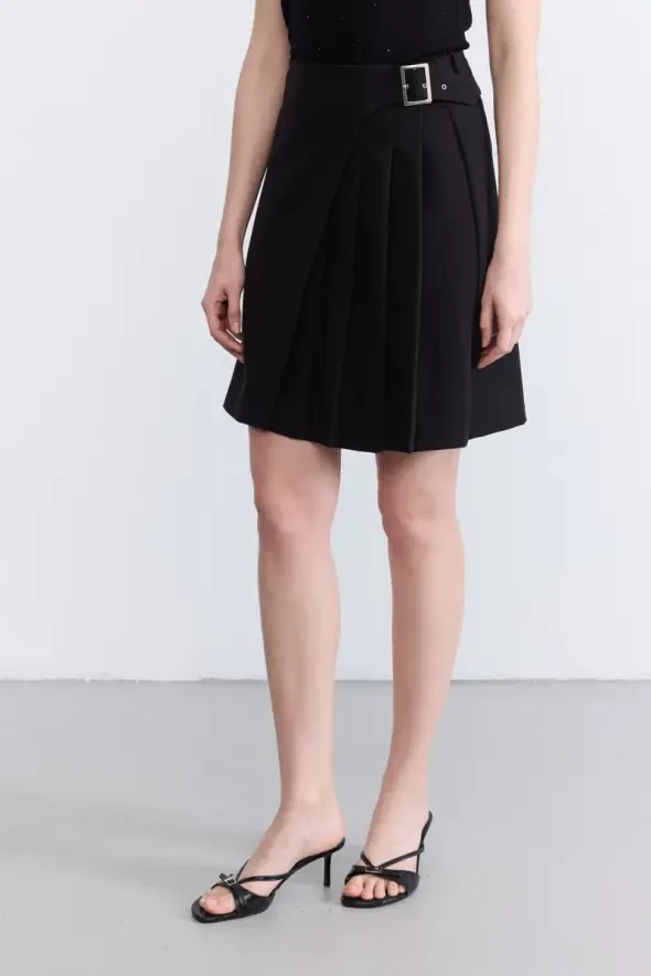 Pleated Side-Buckled Mini Skirt - Black - 1