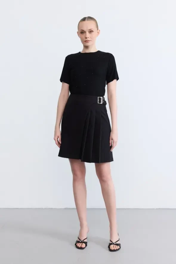 Pleated Side-Buckled Mini Skirt - Black - 2
