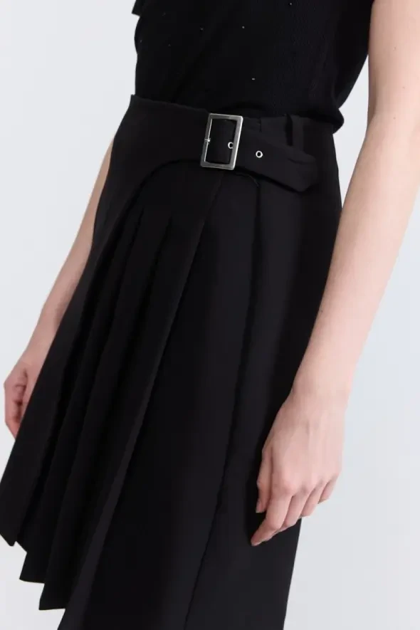 Pleated Side-Buckled Mini Skirt - Black - 3