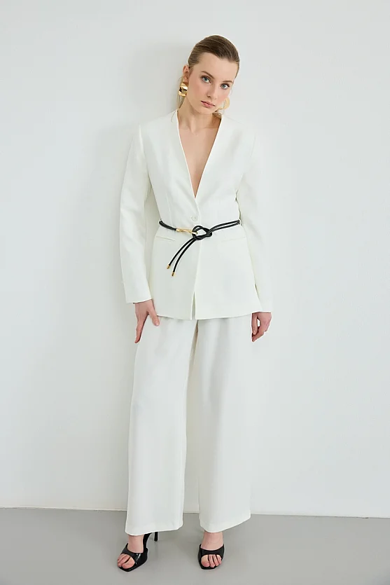 Pleated Wide Leg Trousers - Ecru - Gusto