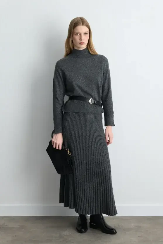 Pleated Wool Knit Skirt - Anthracite - 1