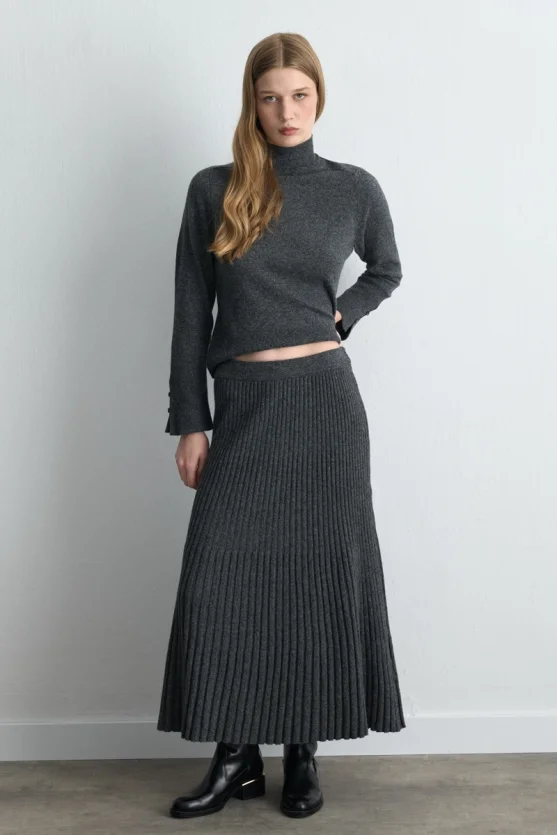 Pleated Wool Knit Skirt - Anthracite - Gusto