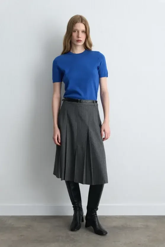 Pleated Wool Long Belted Skirt - Gray - Gusto