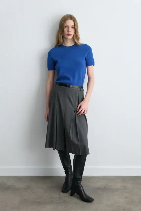 Pleated Wool Long Belted Skirt - Gray - Gusto