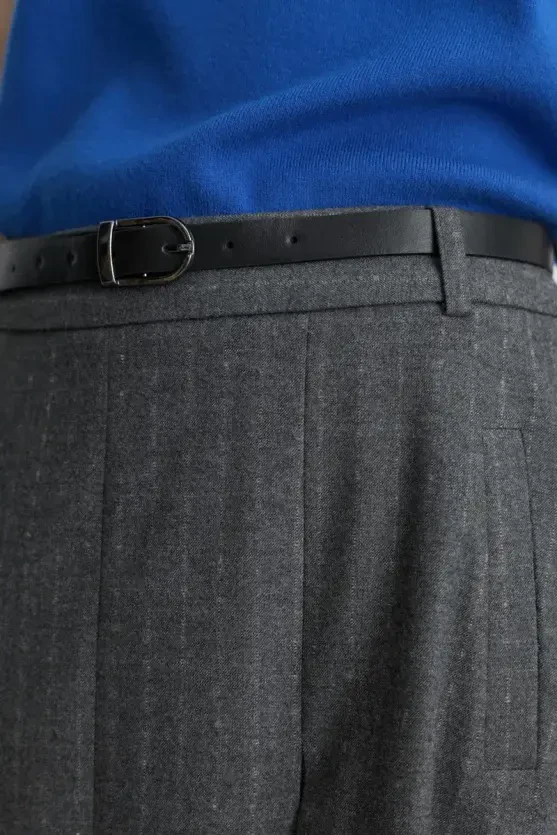 Pleated Wool Long Belted Skirt - Gray - 6