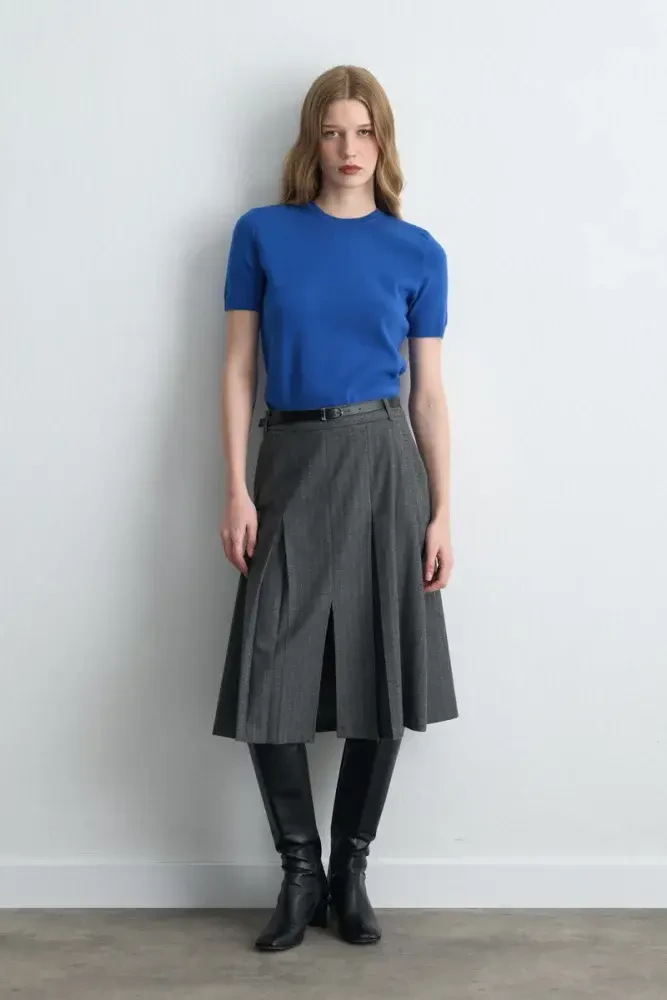 Pleated Wool Long Belted Skirt - Gray Gray