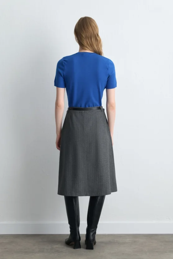 Pleated Wool Long Belted Skirt Gray - 7