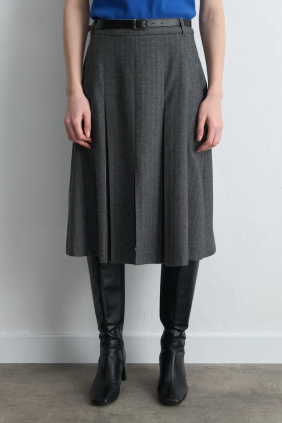 Pleated Wool Long Belted Skirt Gray - Gusto
