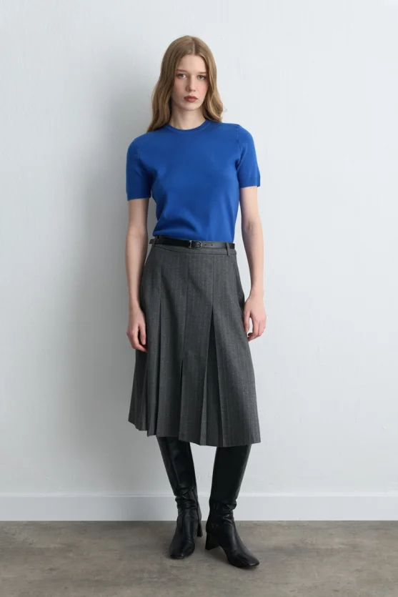 Pleated Wool Long Belted Skirt Gray - Gusto