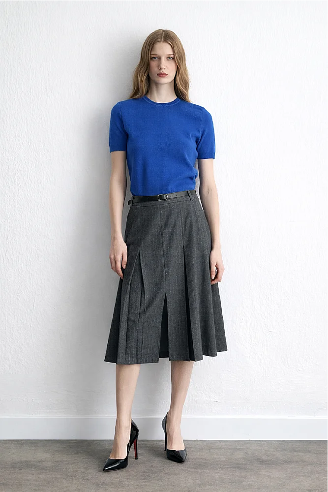 Pleated Wool Long Belted Skirt Gray Gray