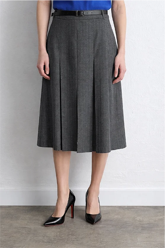 Pleated Wool Long Belted Skirt Gray - 2