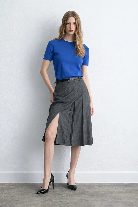 Pleated Wool Long Belted Skirt Gray - 3