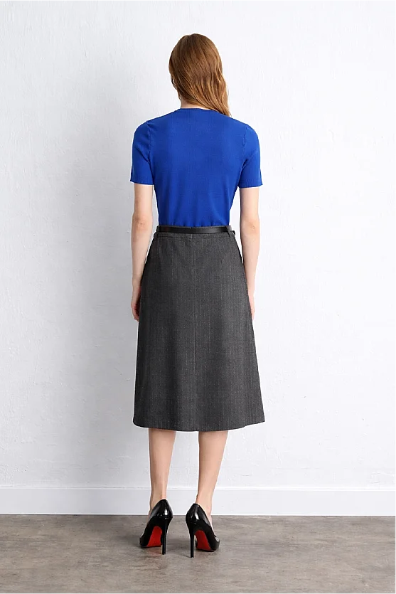 Pleated Wool Long Belted Skirt Gray - 7