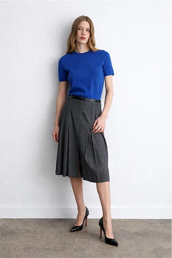 Pleated Wool Long Belted Skirt Gray - 5