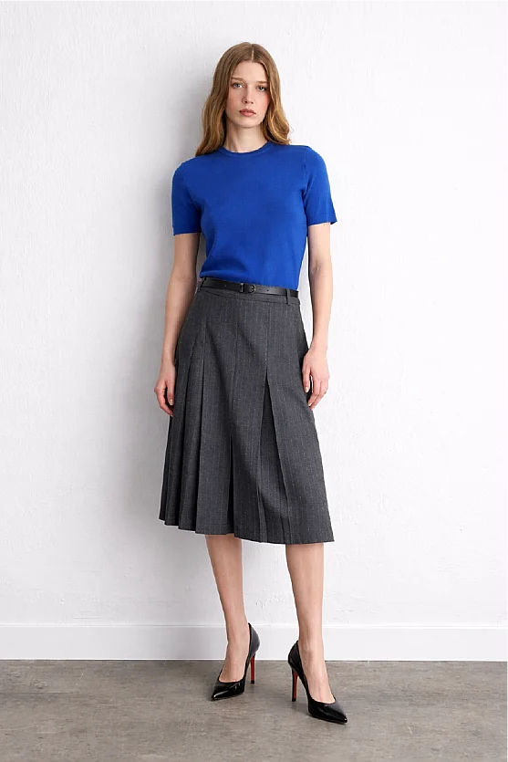 Pleated Wool Long Belted Skirt Gray - 6