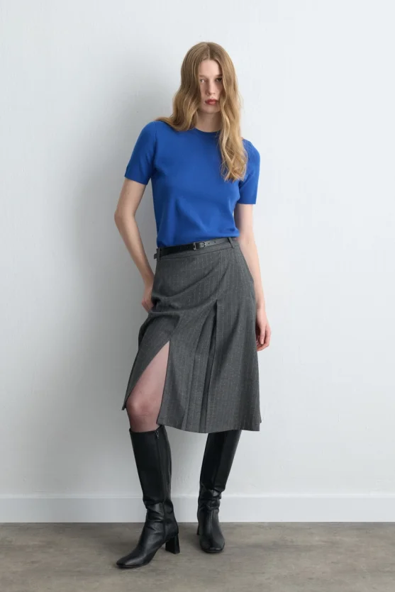 Pleated Wool Long Belted Skirt Gray - 5
