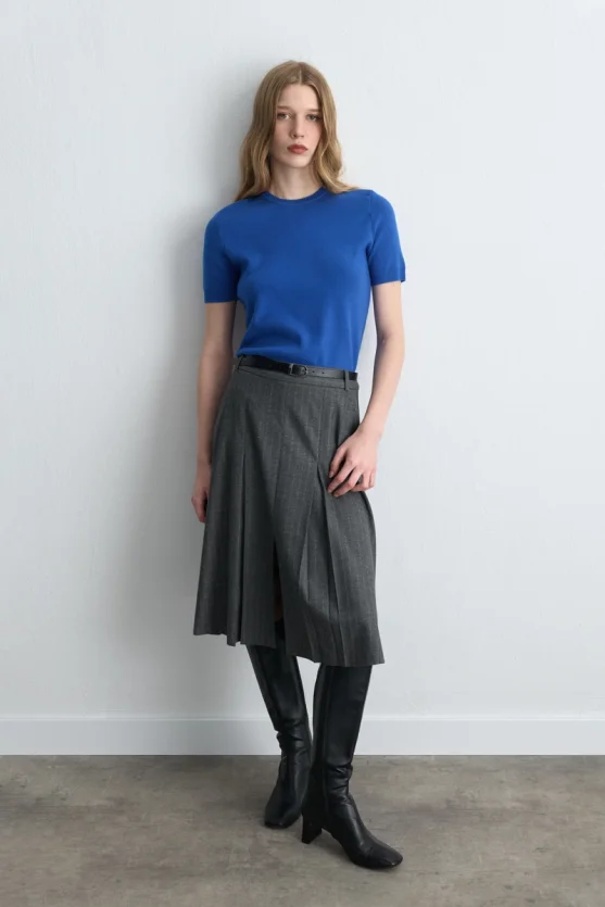 Pleated Wool Long Belted Skirt Gray - Gusto