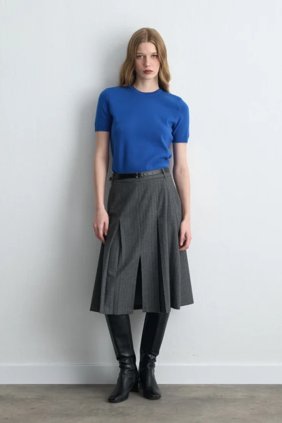 Pleated Wool Long Belted Skirt Gray - Gusto