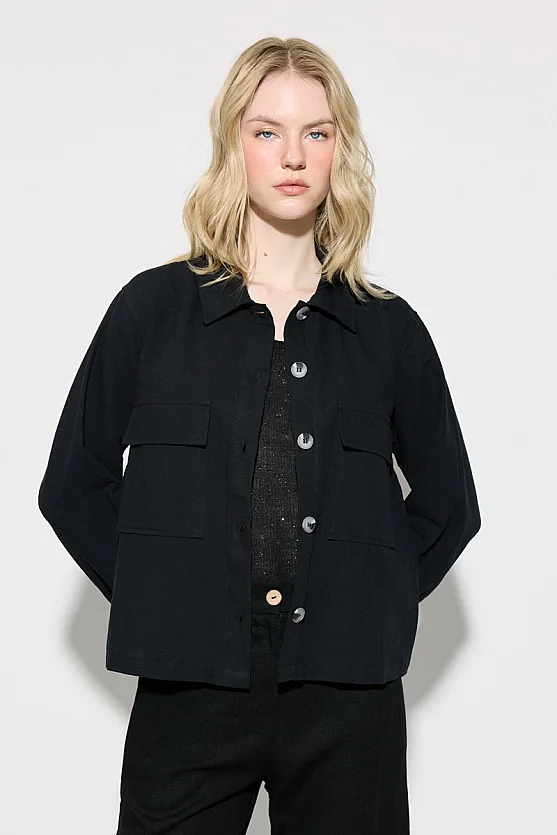 Pocket Detailed Linen Shirt Jacket - Black - 1