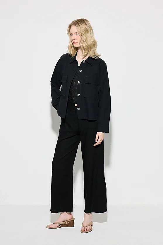 Pocket Detailed Linen Shirt Jacket - Black - 3