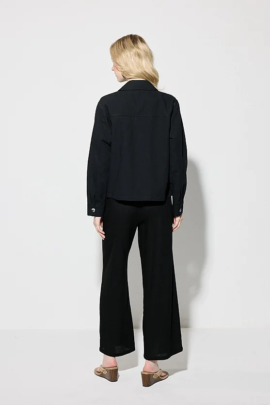Pocket Detailed Linen Shirt Jacket - Black - Gusto