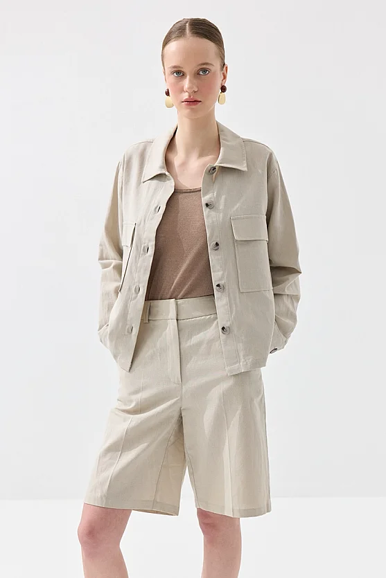 Pocket Detailed Linen Shirt Jacket - Stone - 3