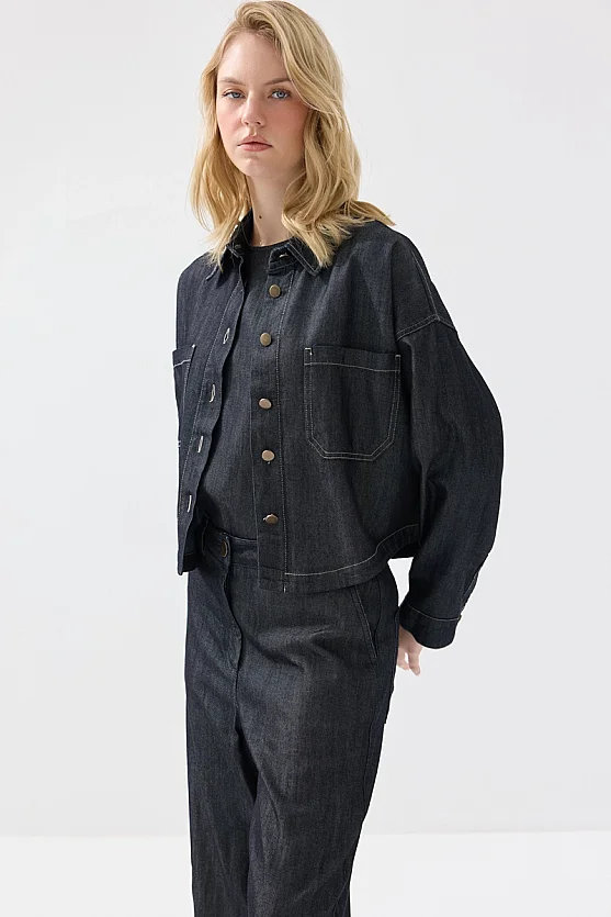 Pocket Detailed Tencel Denim Shirt Jacket - Navy Blue - Gusto