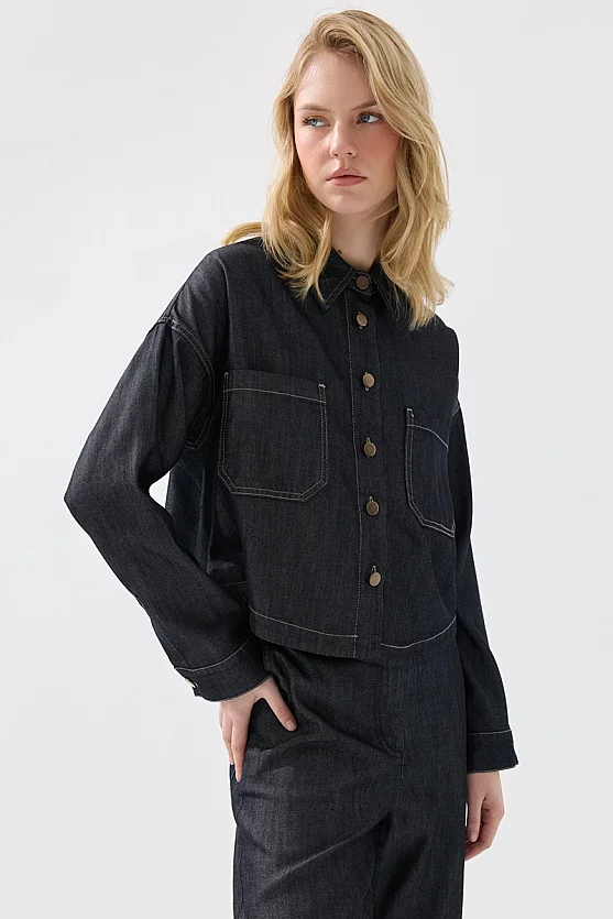 Pocket Detailed Tencel Denim Shirt Jacket - Navy Blue - Gusto