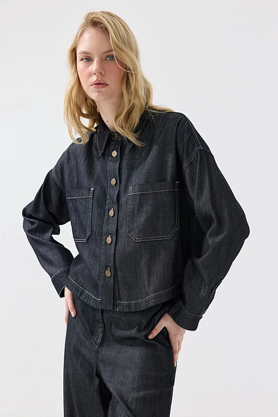 Pocket Detailed Tencel Denim Shirt Jacket - Navy Blue - 2
