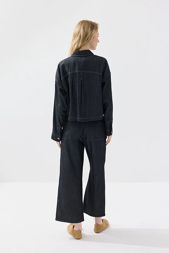 Pocket Detailed Tencel Denim Shirt Jacket - Navy Blue - Gusto