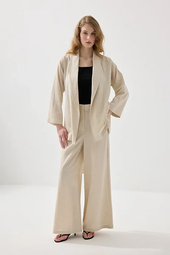 Pocket Detailed Wide Leg Linen Pants - Beige - Gusto