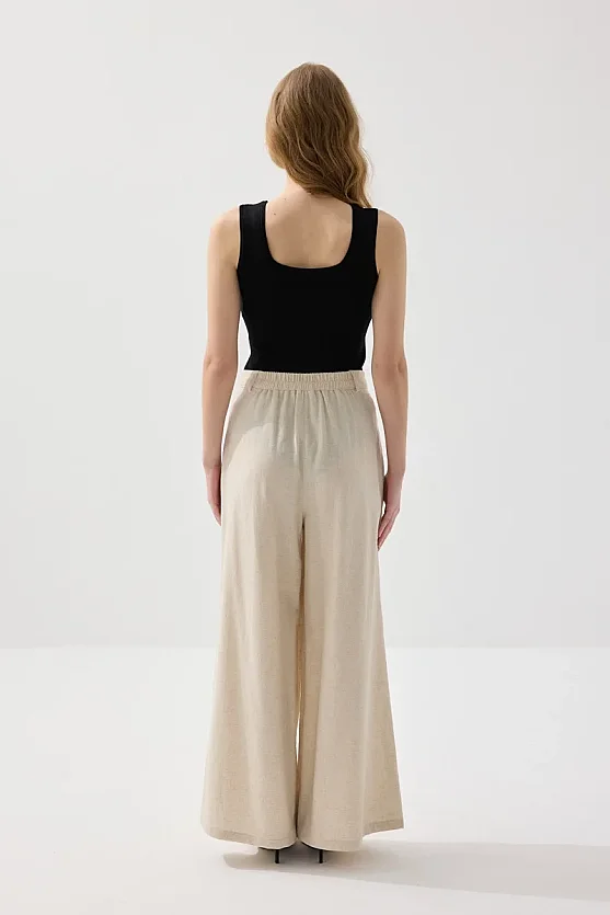 Pocket Detailed Wide Leg Linen Pants - Beige - Gusto