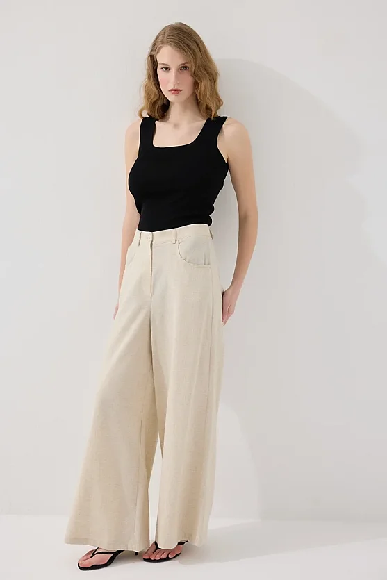 Pocket Detailed Wide Leg Linen Pants - Beige - Gusto