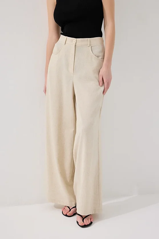 Pocket Detailed Wide Leg Linen Pants - Beige - Gusto