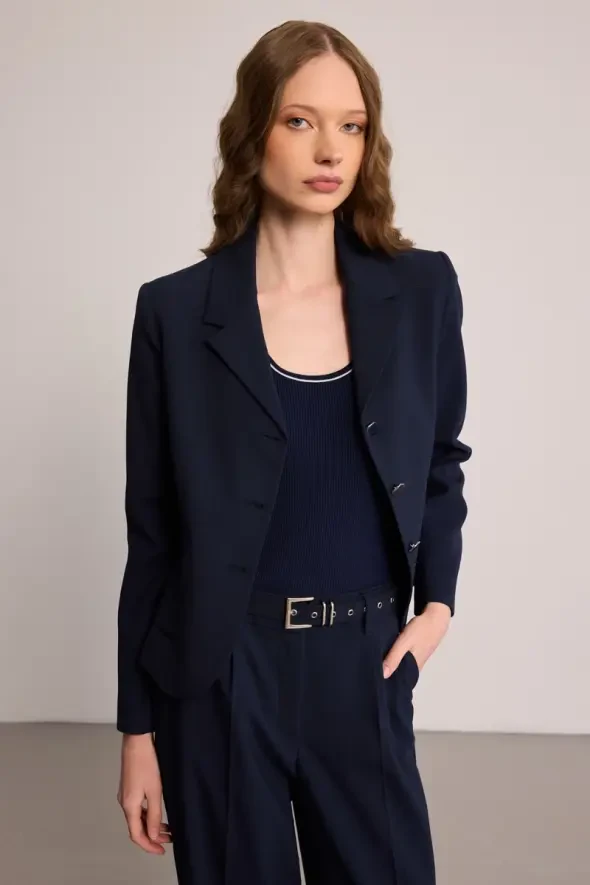 Pocketed Blazer Jacket - Navy Blue - 3