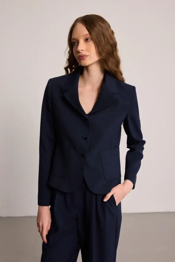 Pocketed Blazer Jacket - Navy Blue - 4