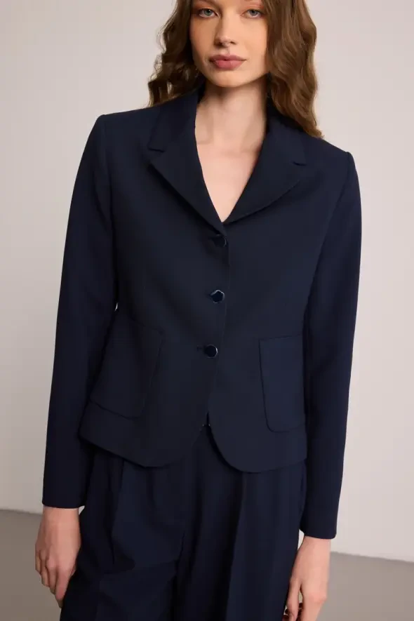 Pocketed Blazer Jacket - Navy Blue - 5