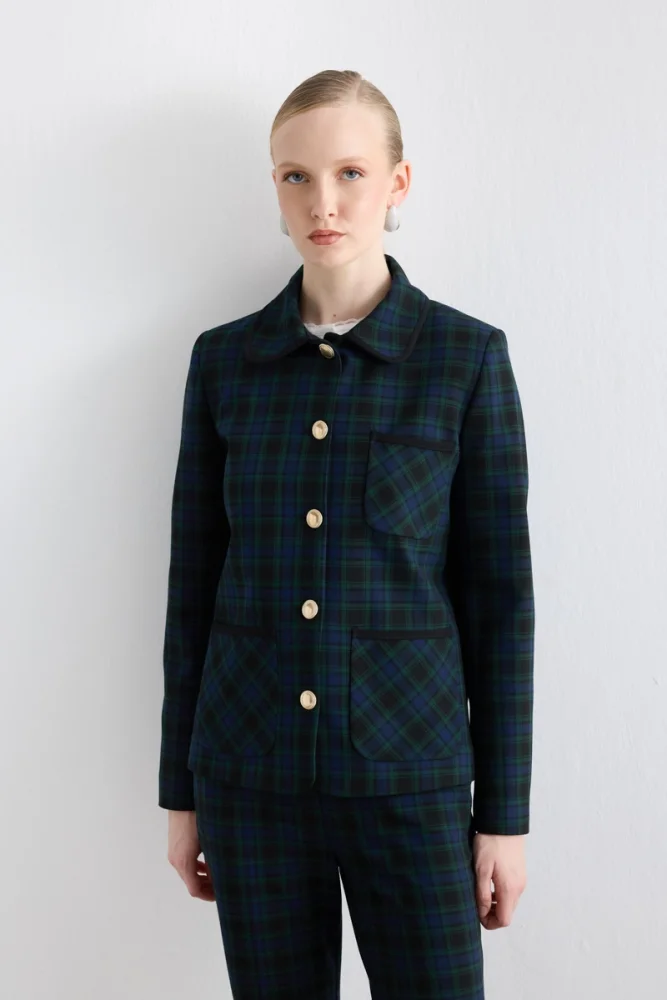 Pocketed Check Jacket - Navy Navy Blue