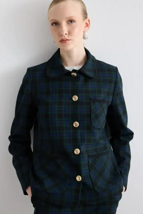 Pocketed Check Jacket - Navy - 3