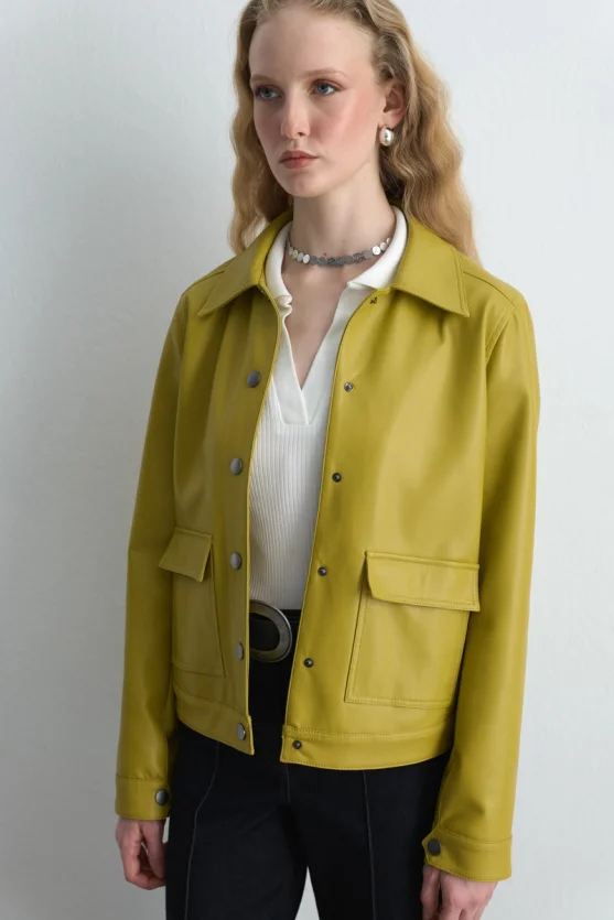 Pocketed Faux Leather Jacket - Green - 5