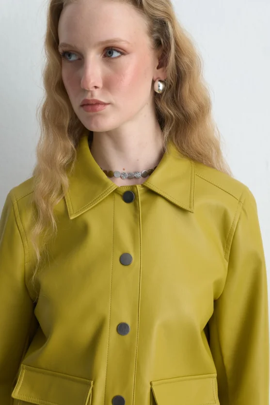 Pocketed Faux Leather Jacket - Green - 8