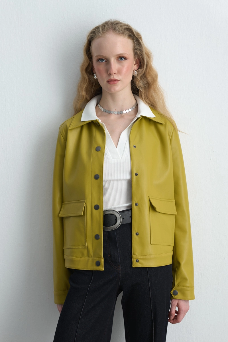Pocketed Faux Leather Jacket - Green Green