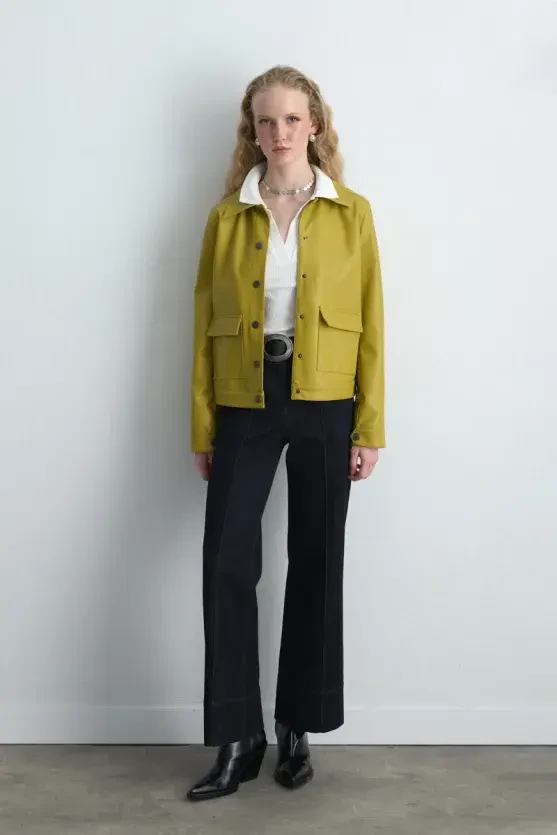 Pocketed Faux Leather Jacket - Green - 2