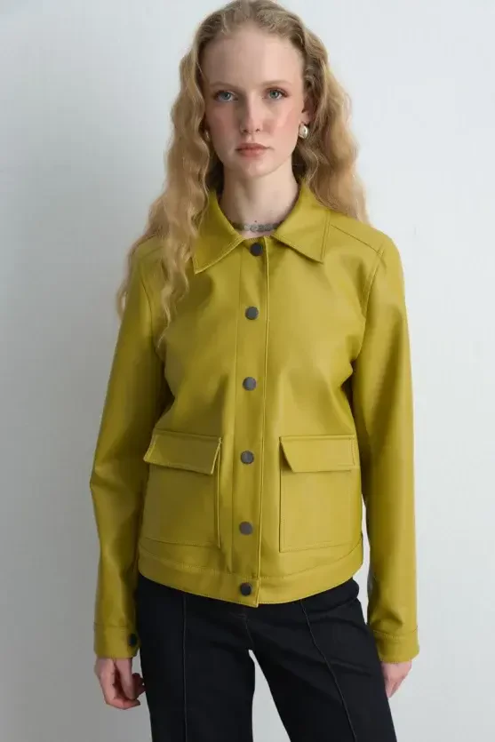 Pocketed Faux Leather Jacket - Green - Gusto