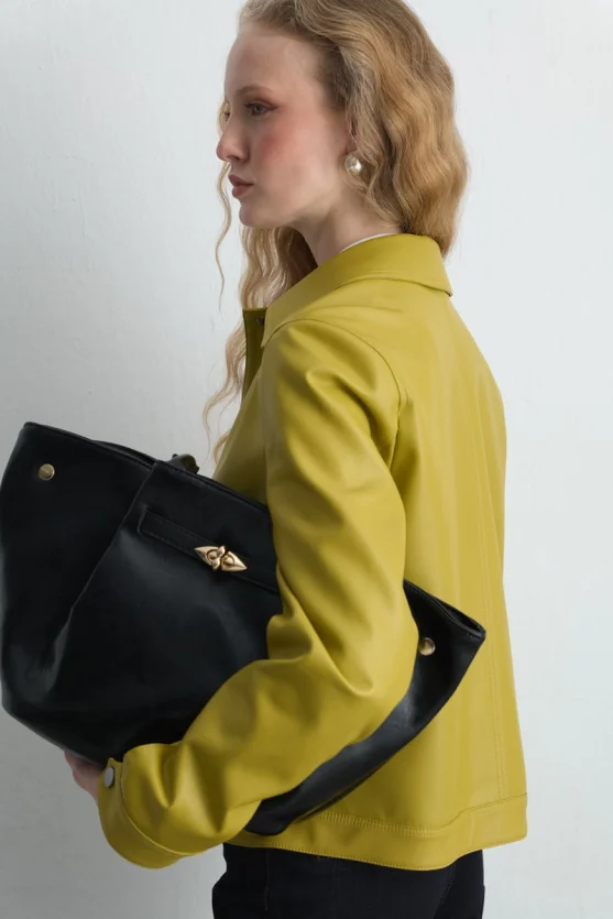 Pocketed Faux Leather Jacket Green - Gusto