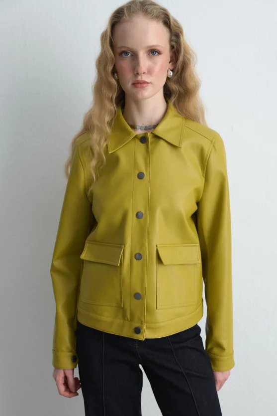 Pocketed Faux Leather Jacket Green - Gusto