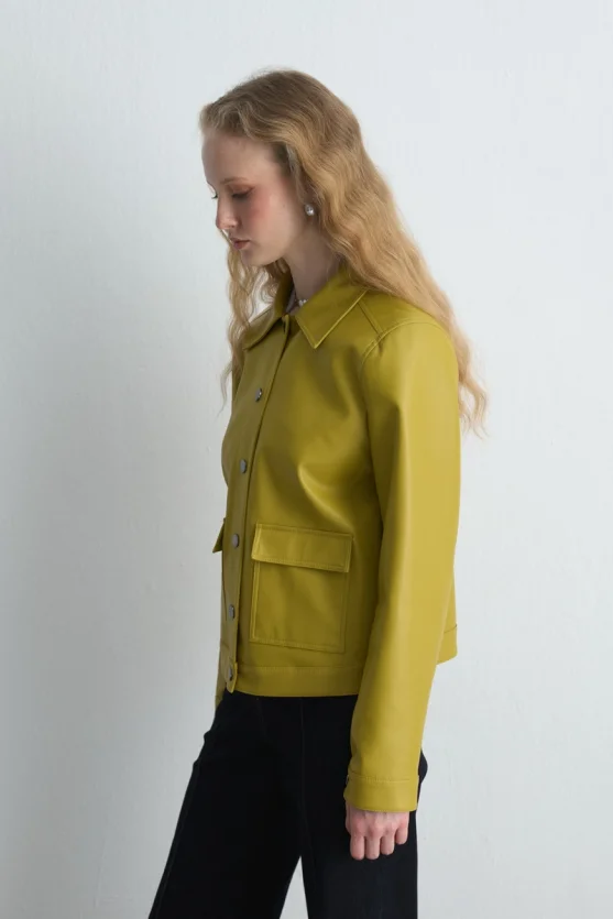 Pocketed Faux Leather Jacket Green - 6