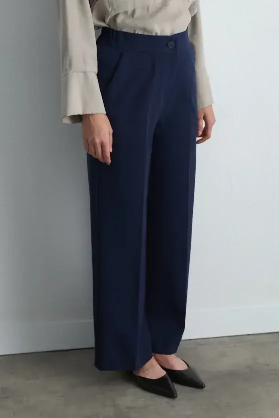 Pocketed Palazzo Pants - Navy Blue - Gusto