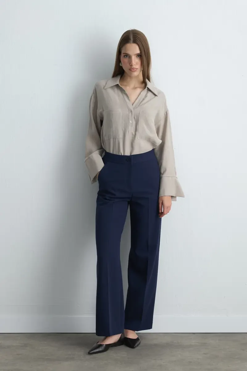 Pocketed Palazzo Pants - Navy Blue